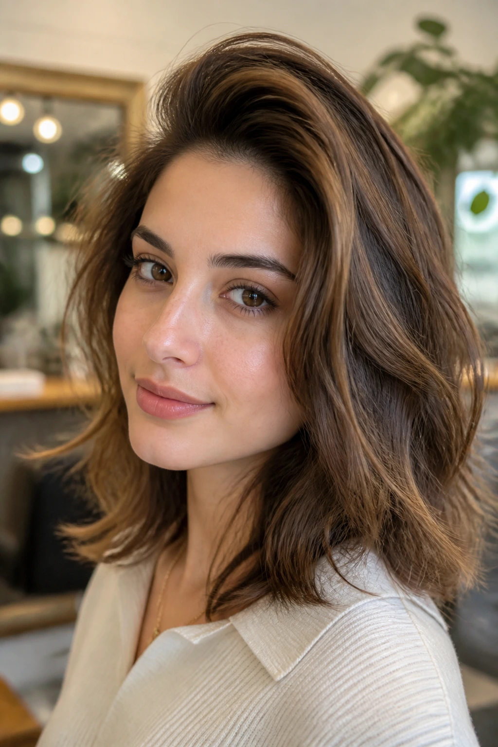 Close-up of a real person with root lift and crown volume