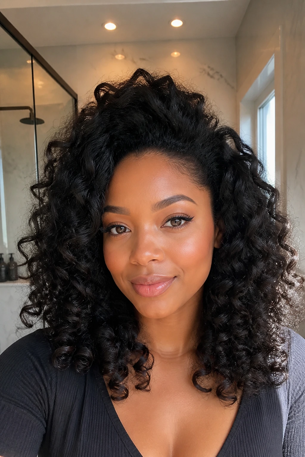 Real woman with root-lift wand curls and crown volume