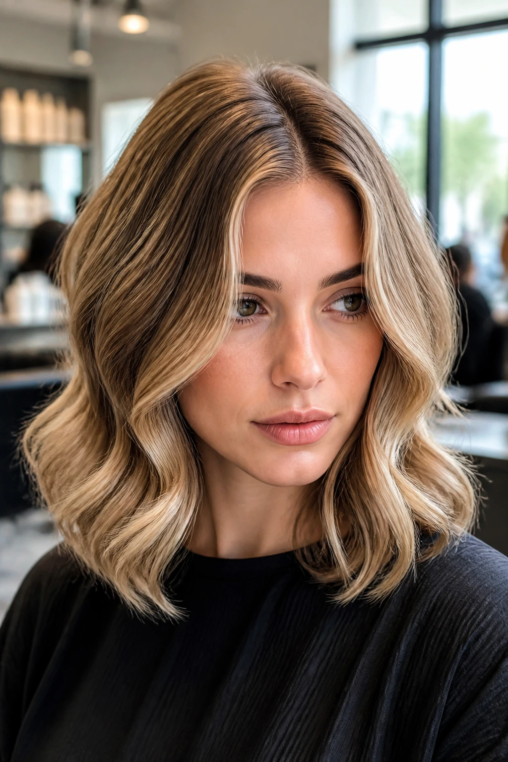 Close-up of a real woman with root-lift blown-out waves and loose mid-length curls