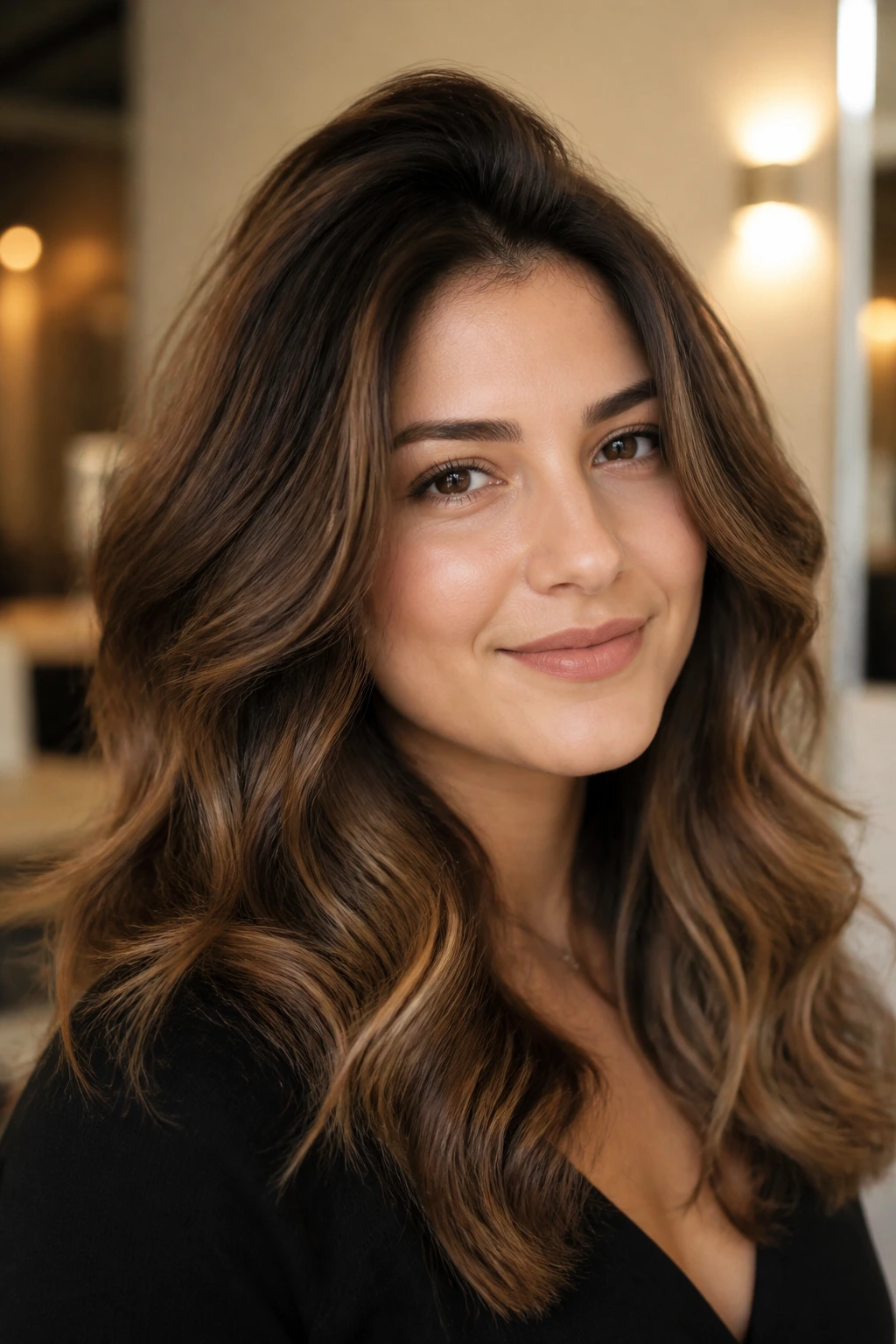 Close-up of real person with root-lift waves and raised crown in a cozy room.