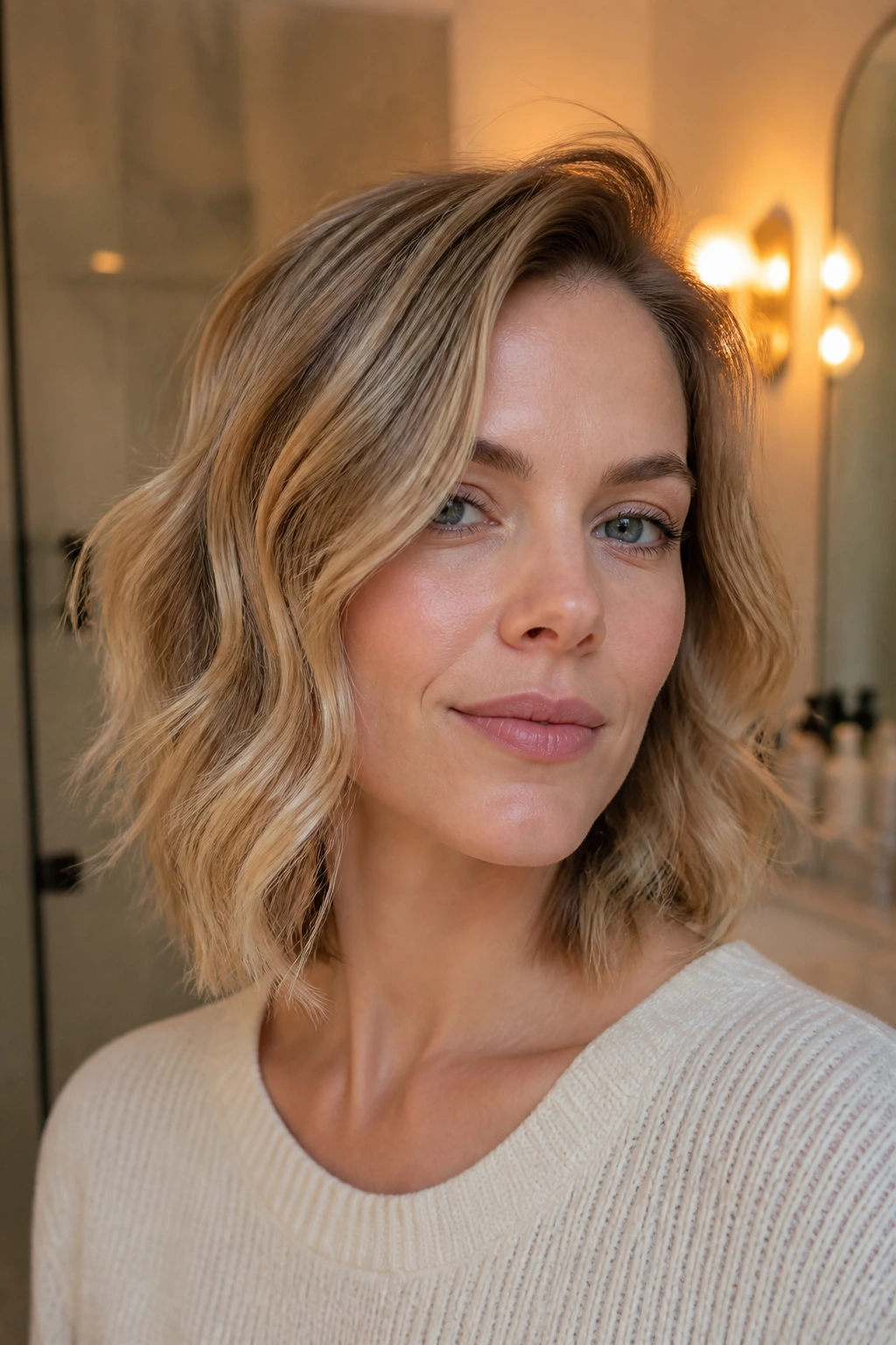 Real woman with soft root-lift S-waves and lifted crown in warm bathroom lighting