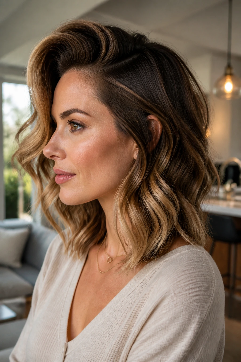 Profile close-up of a woman with a deep side part and lifted crown in wavy hair