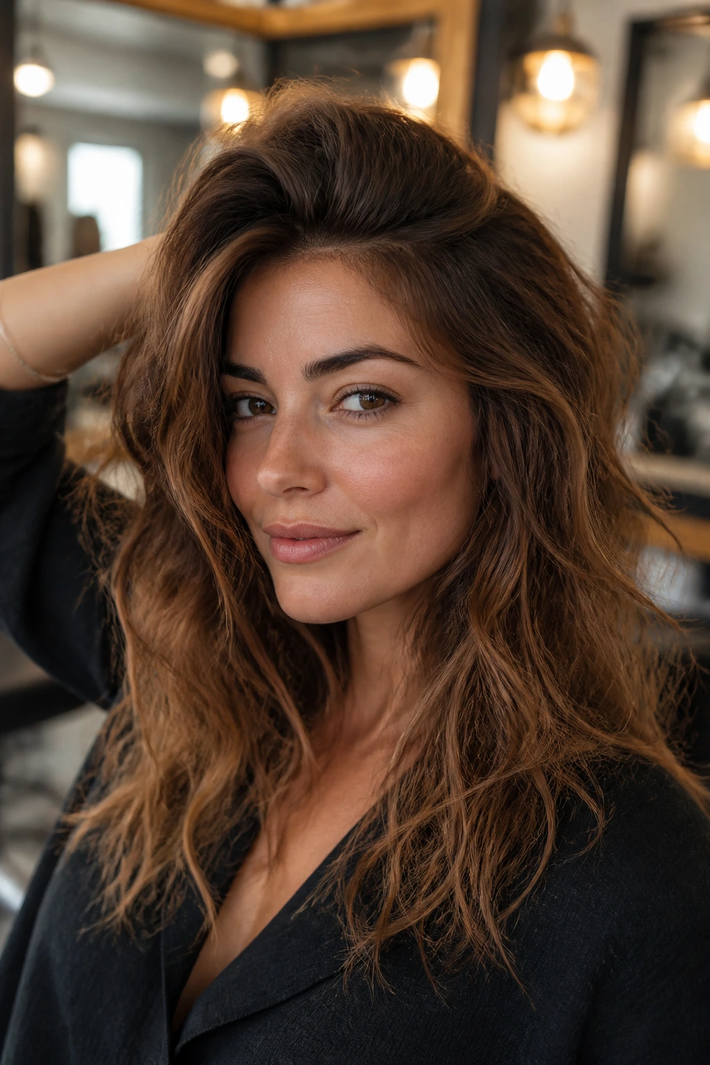 Close-up of a real woman showing root lift in a wavy hairstyle in a stylish salon.