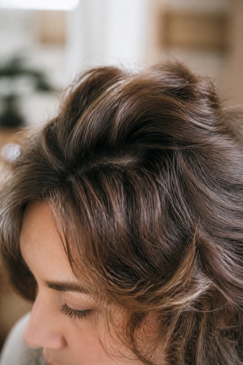 Close-up of crown lift in thick wavy hair on a real person