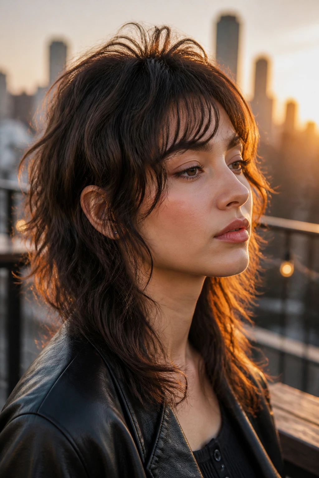 Close-up portrait of a real woman with root-lift wolf cut on rooftop at sunset