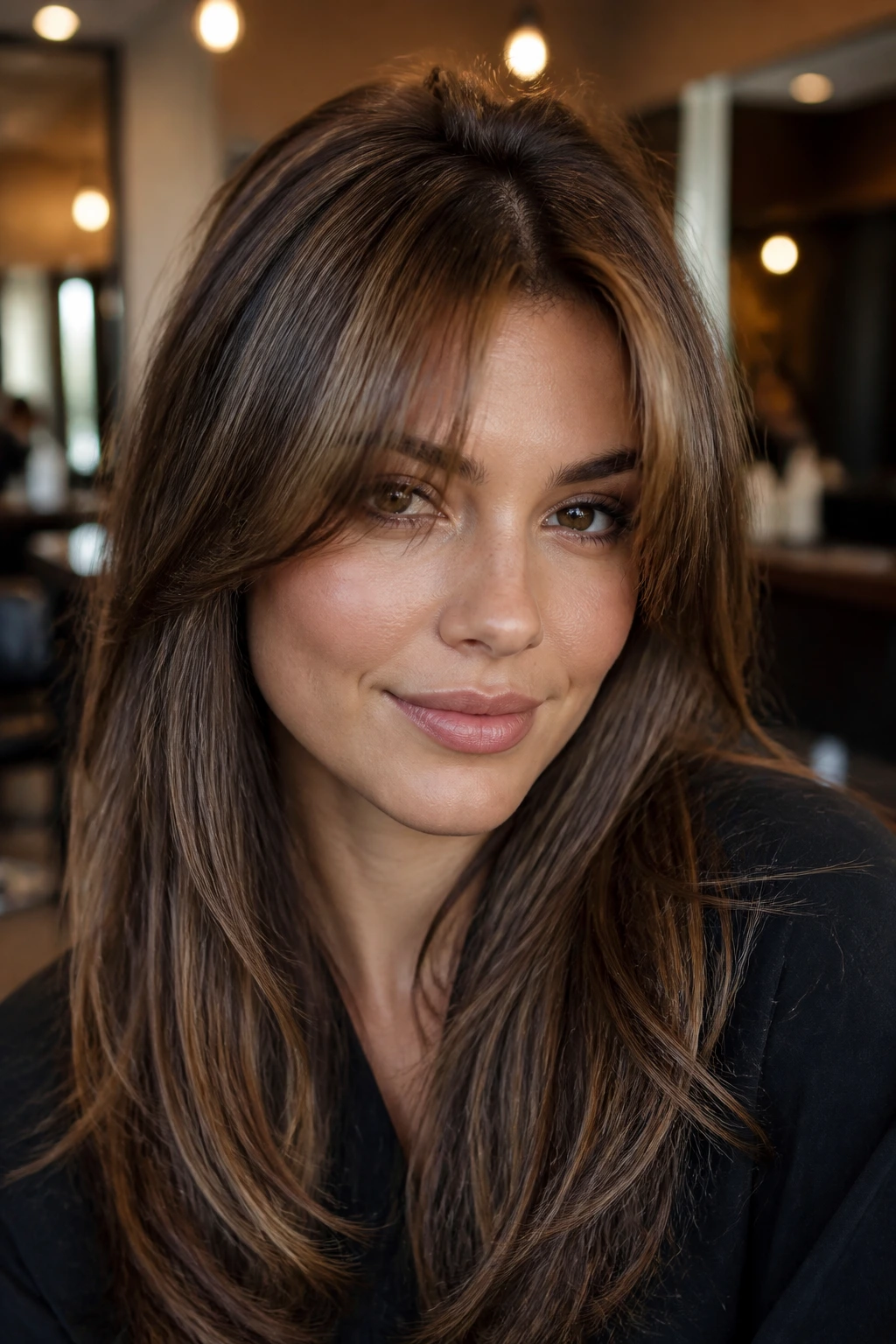 Close-up of a real woman with root-lifted glam bangs in a salon
