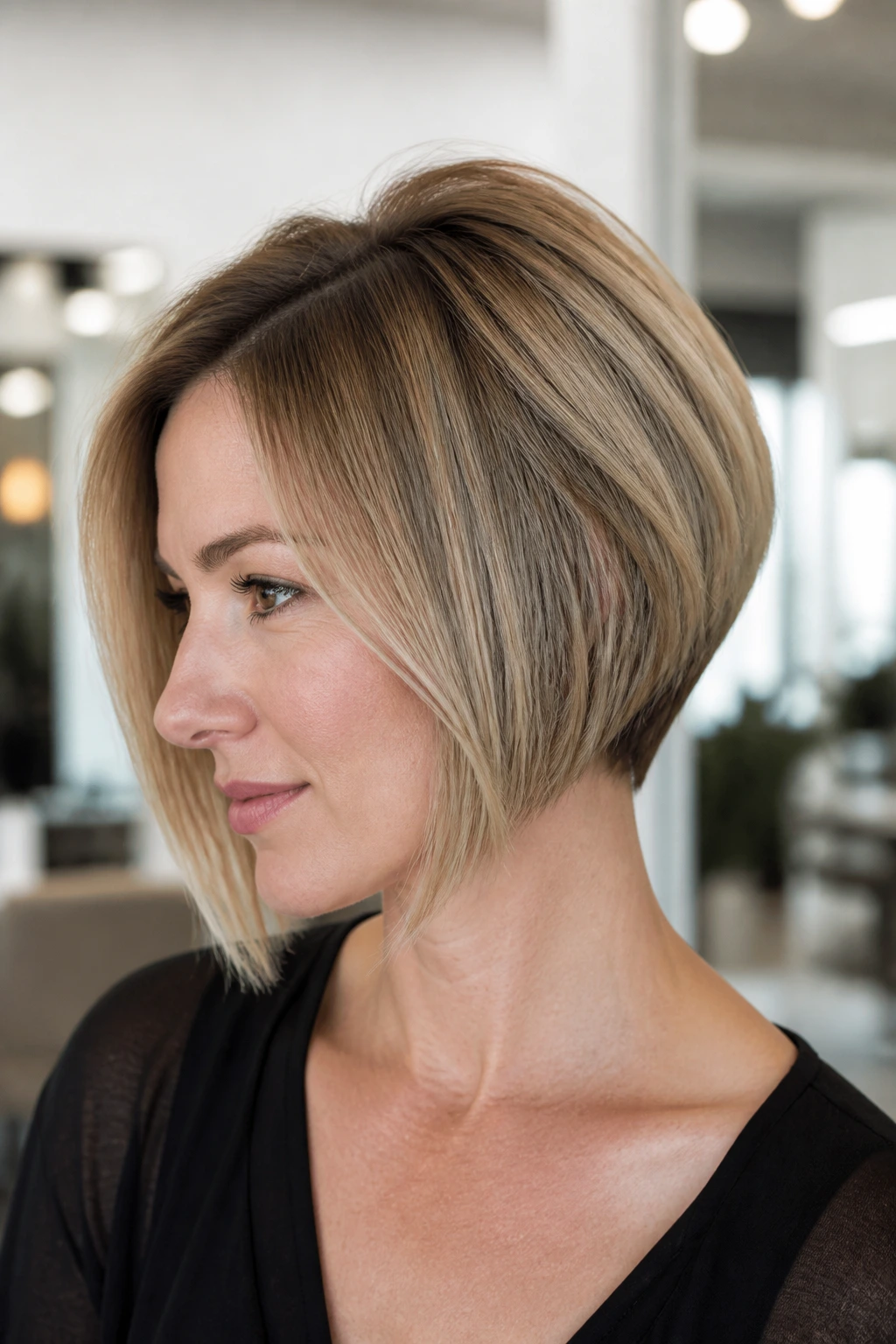 Close-up of a woman displaying crown lift and a compact nape in a bob haircut