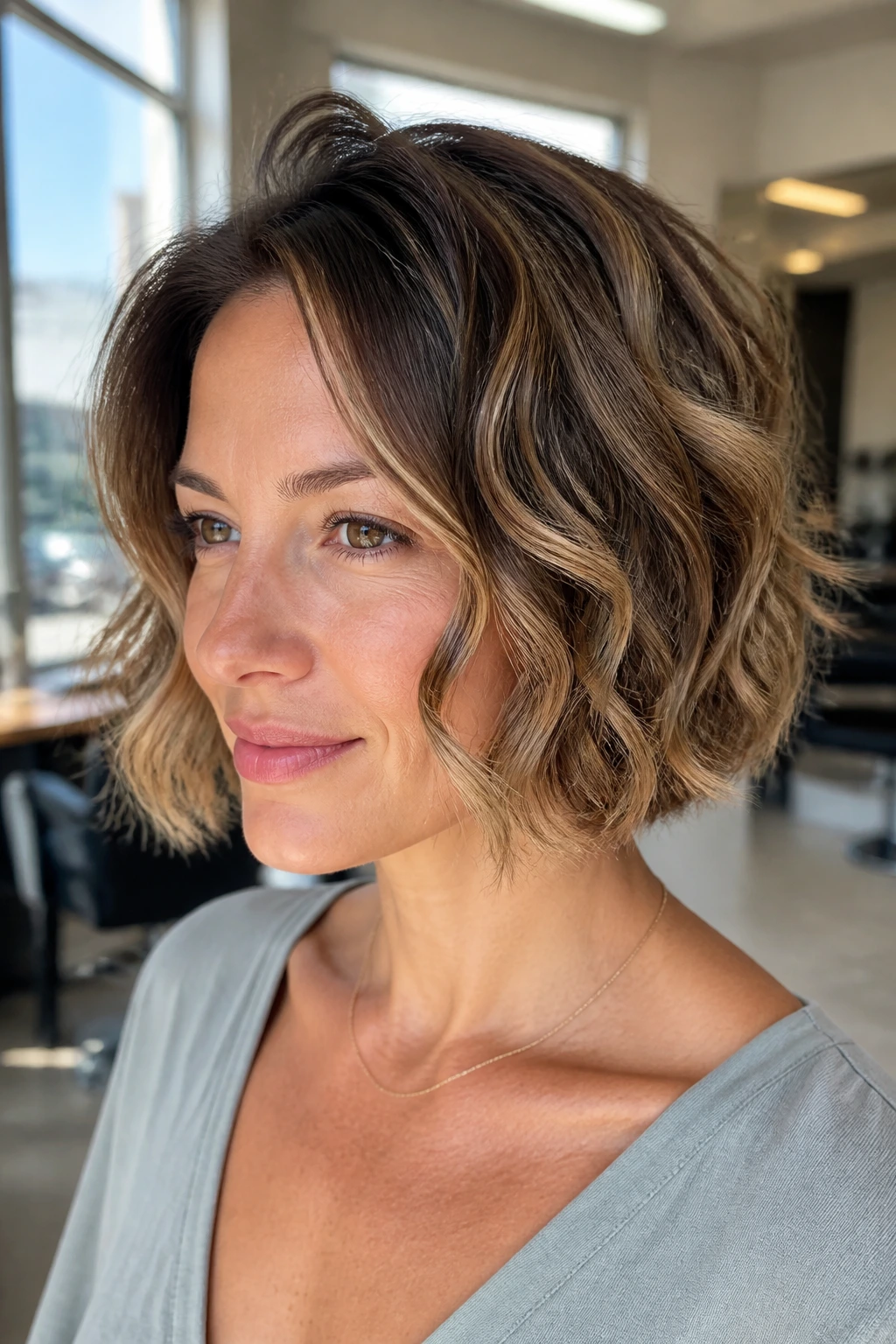 Close-up of a real woman with root-lifted volume and loose waves in a chin-length bob in a hair studio