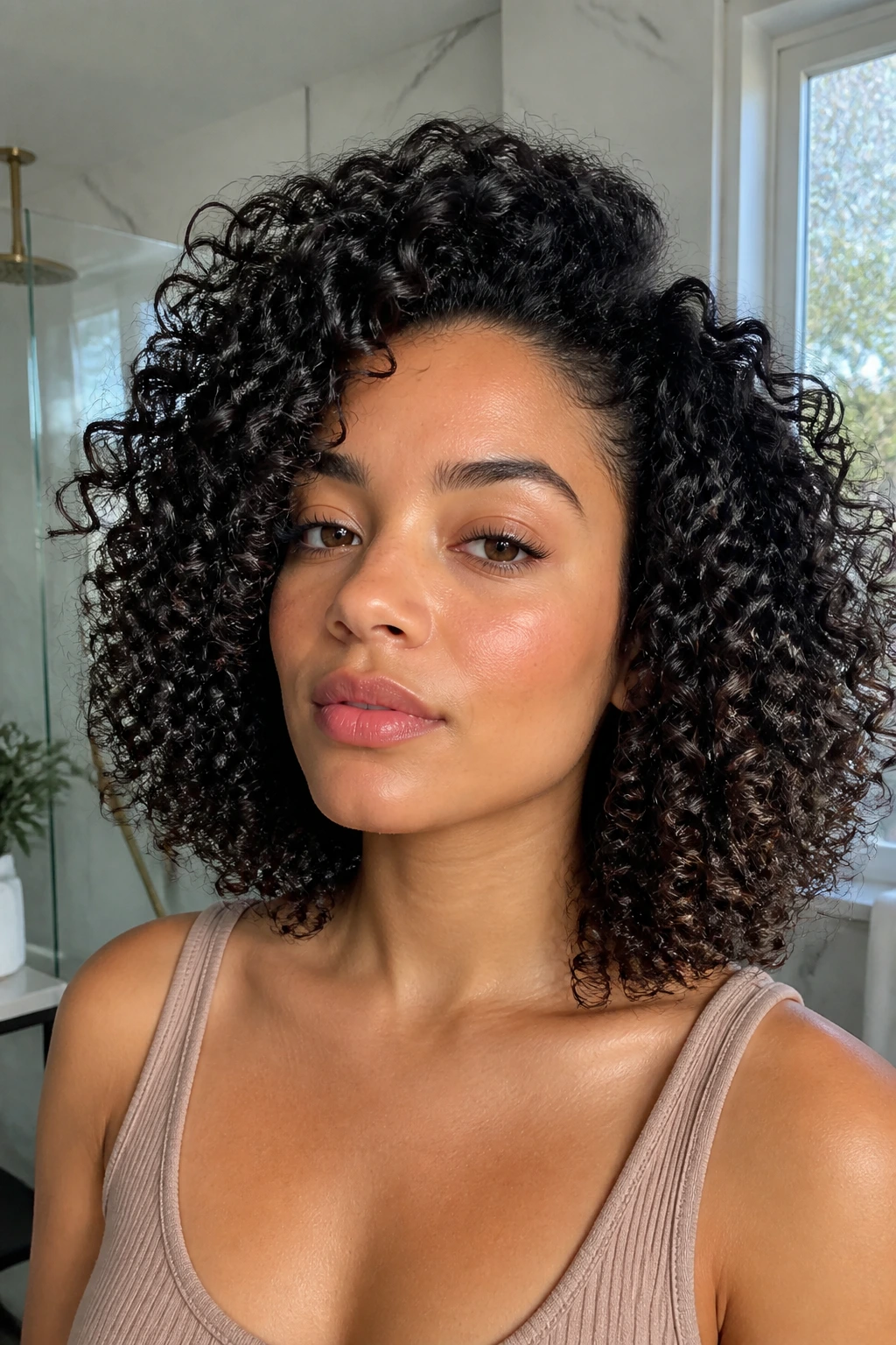 Close-up of a real person with root-lifted wash-and-go curls