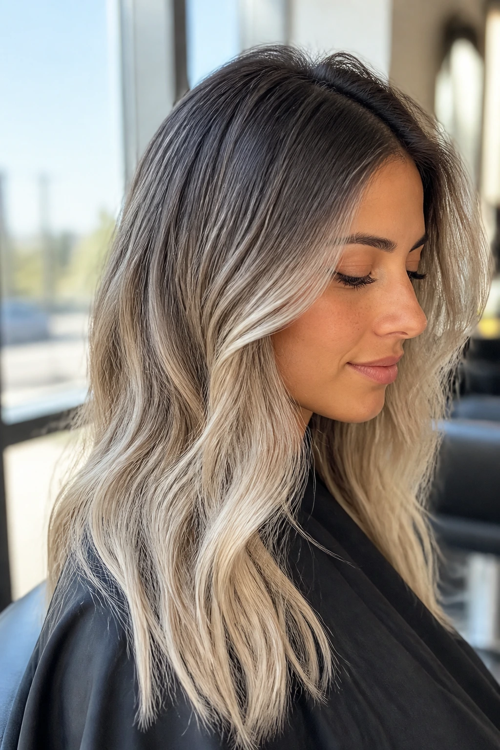 Olive-skinned woman with a root melt in ash blonde.