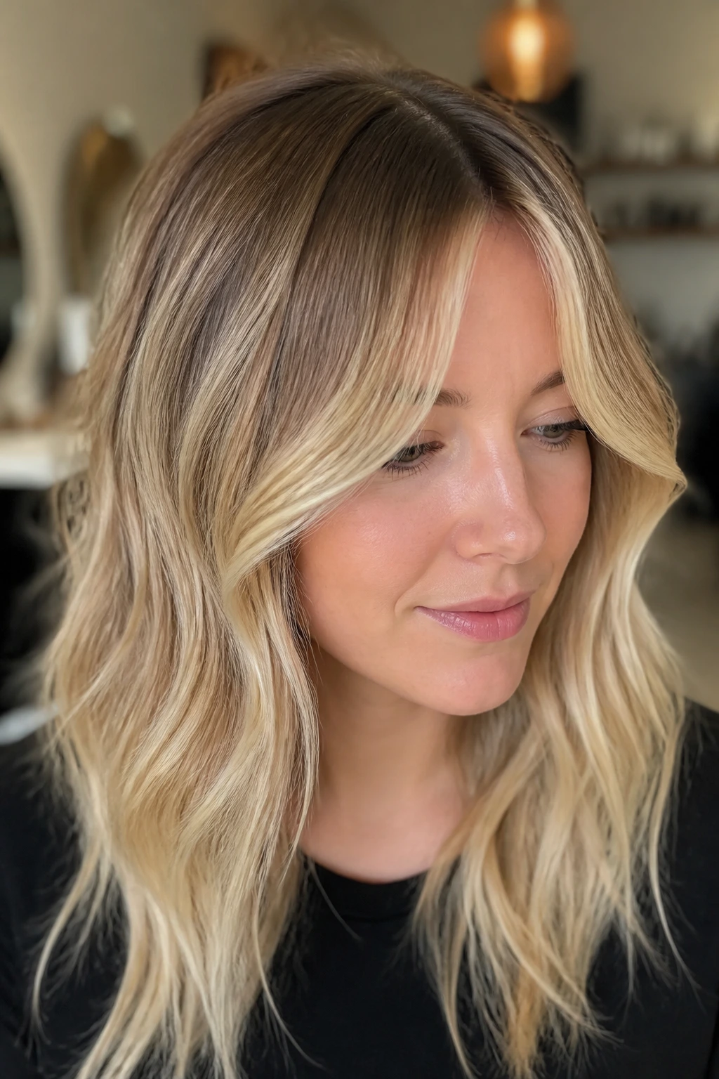 Close-up portrait of a woman with a natural root-melt balayage and curtain bangs
