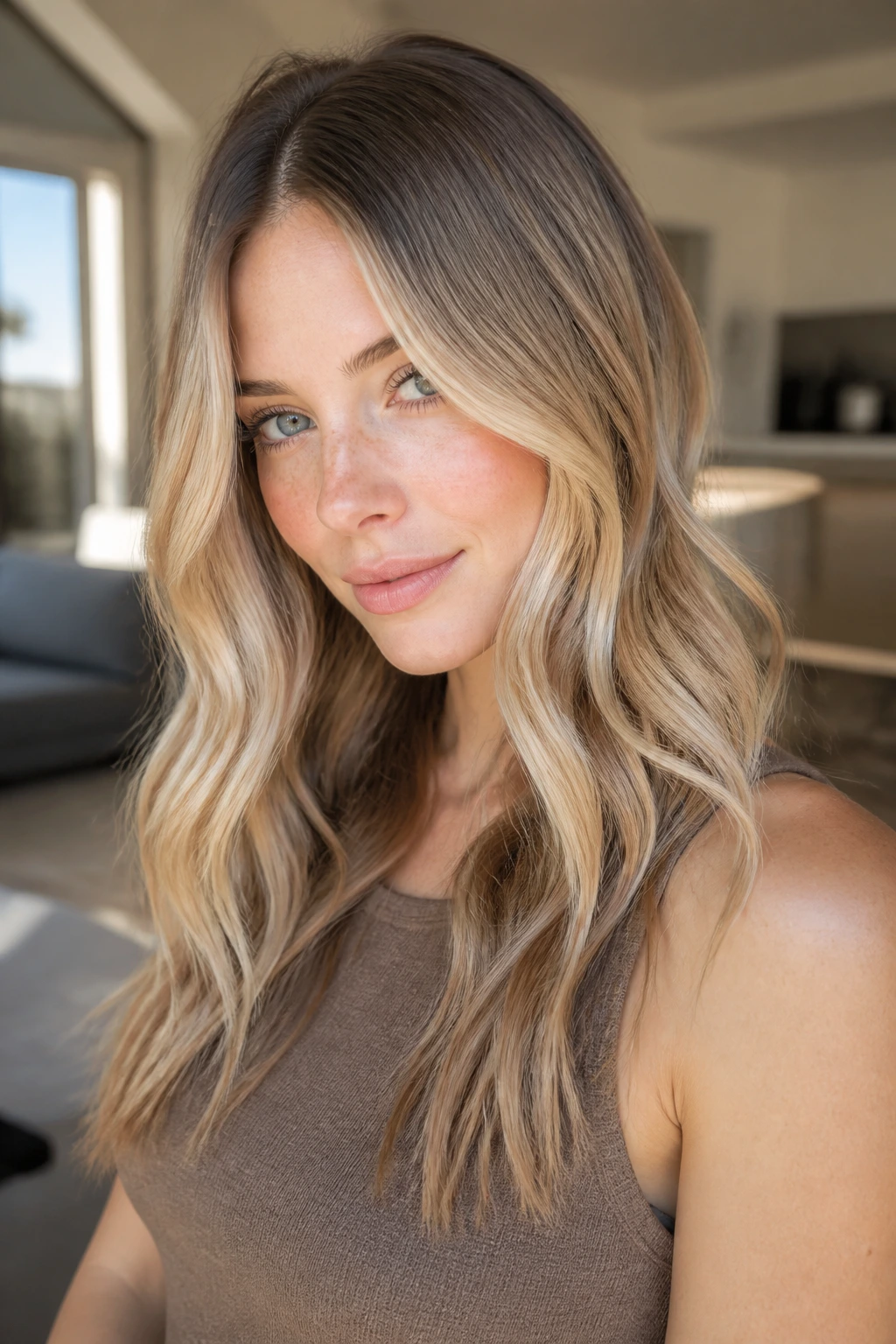 Close-up portrait of a real woman with root melt blonde and soft brown lowlights under natural light