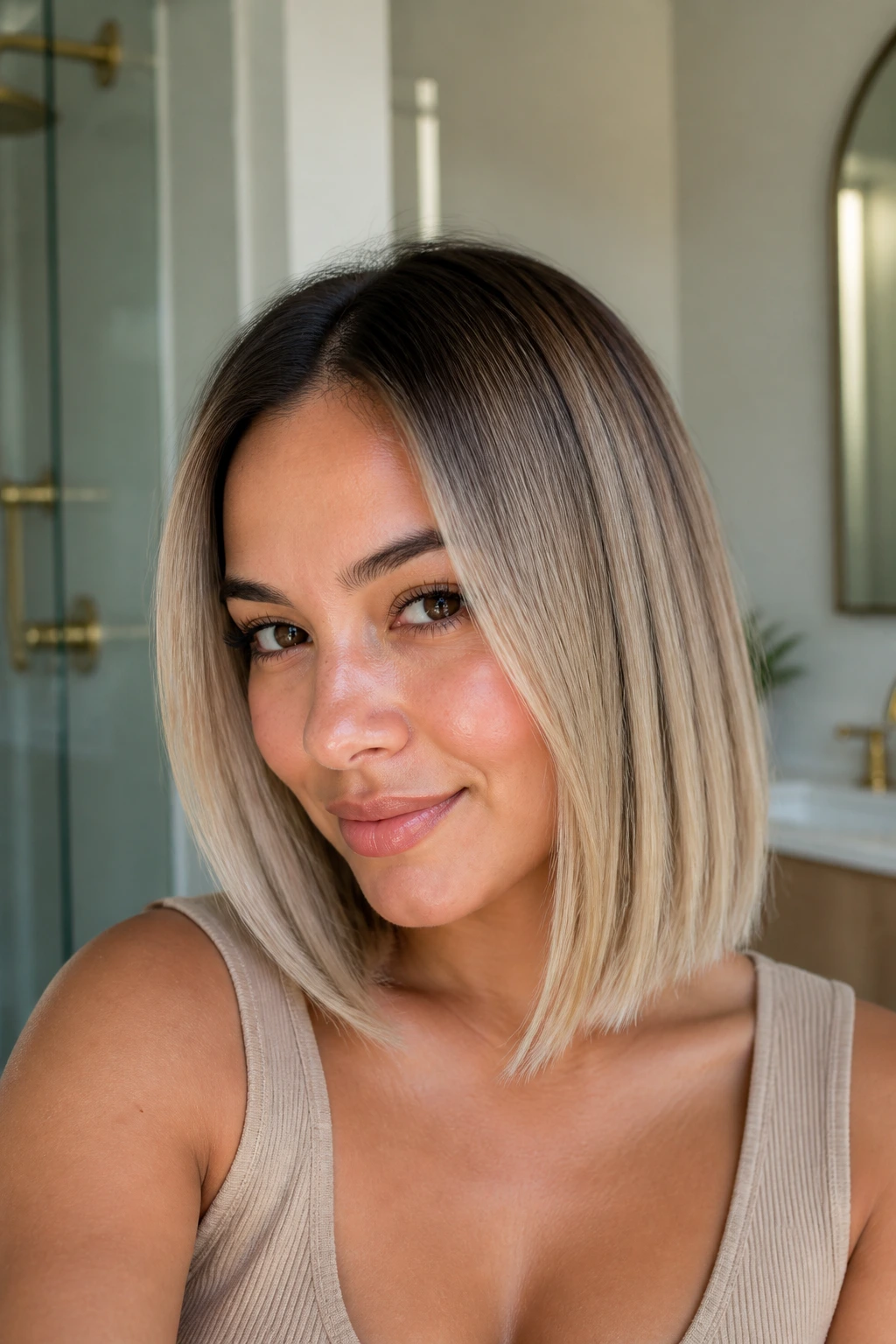 Close-up of a real woman with root-melt blonde straight lob and soft face-framing tones