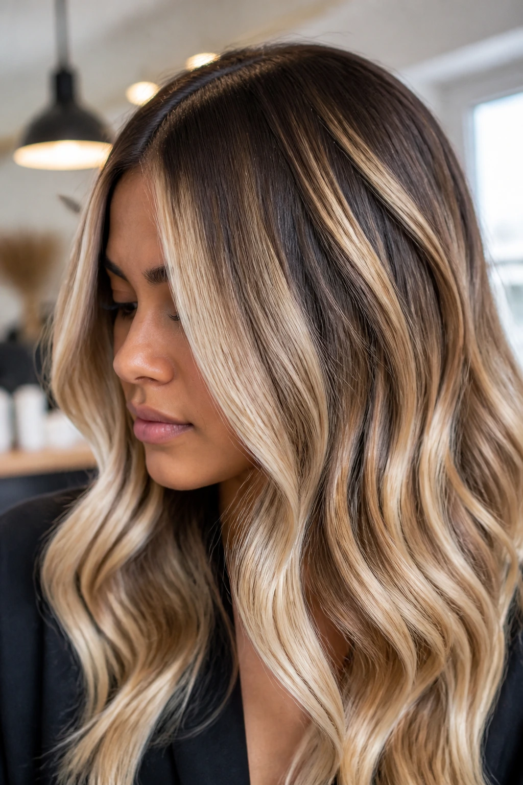 Close-up of multi-tone blonde hair showing root melt and ribbons.