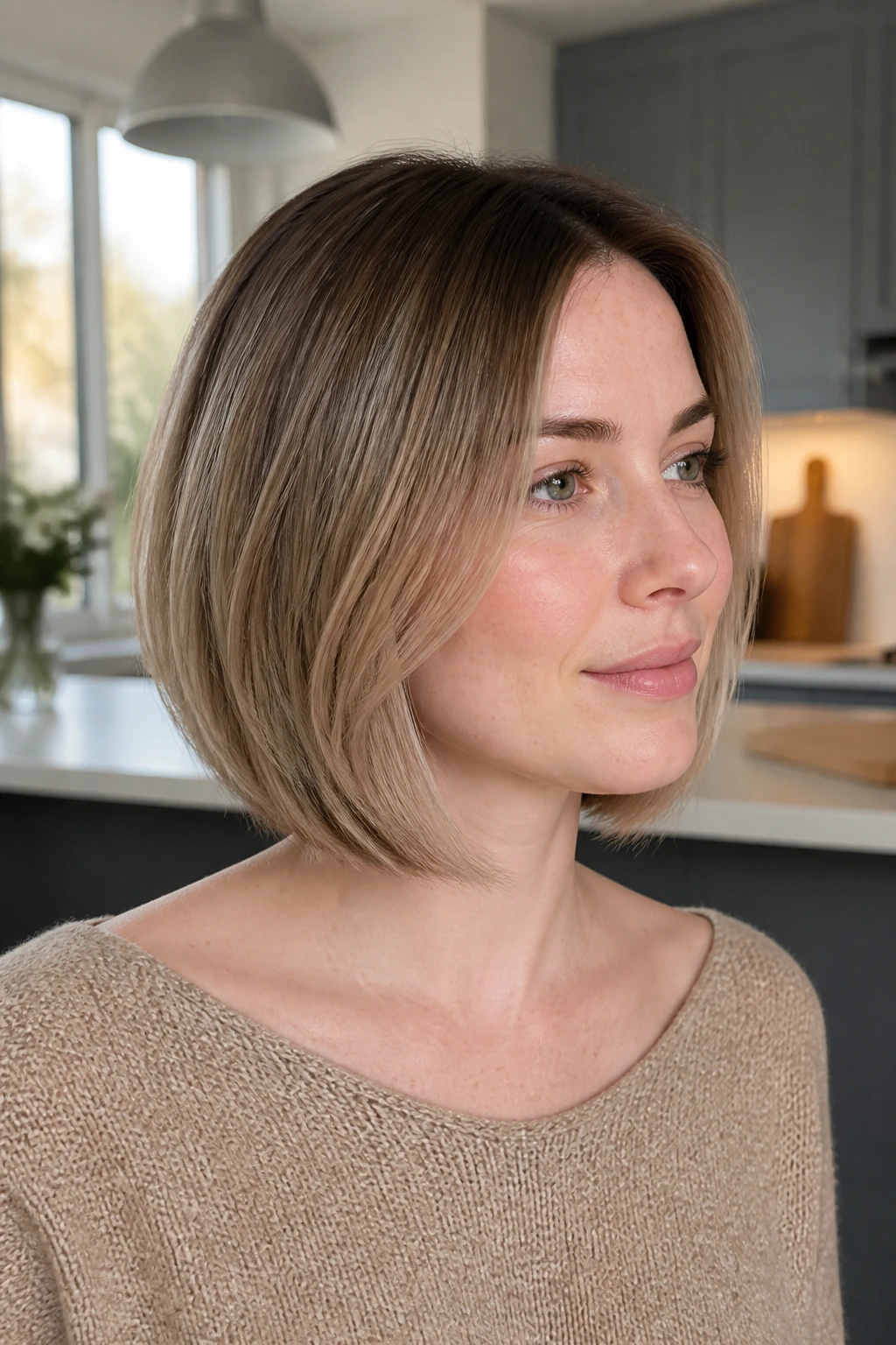 Portrait of a real woman with a root-melt bob and soft ends