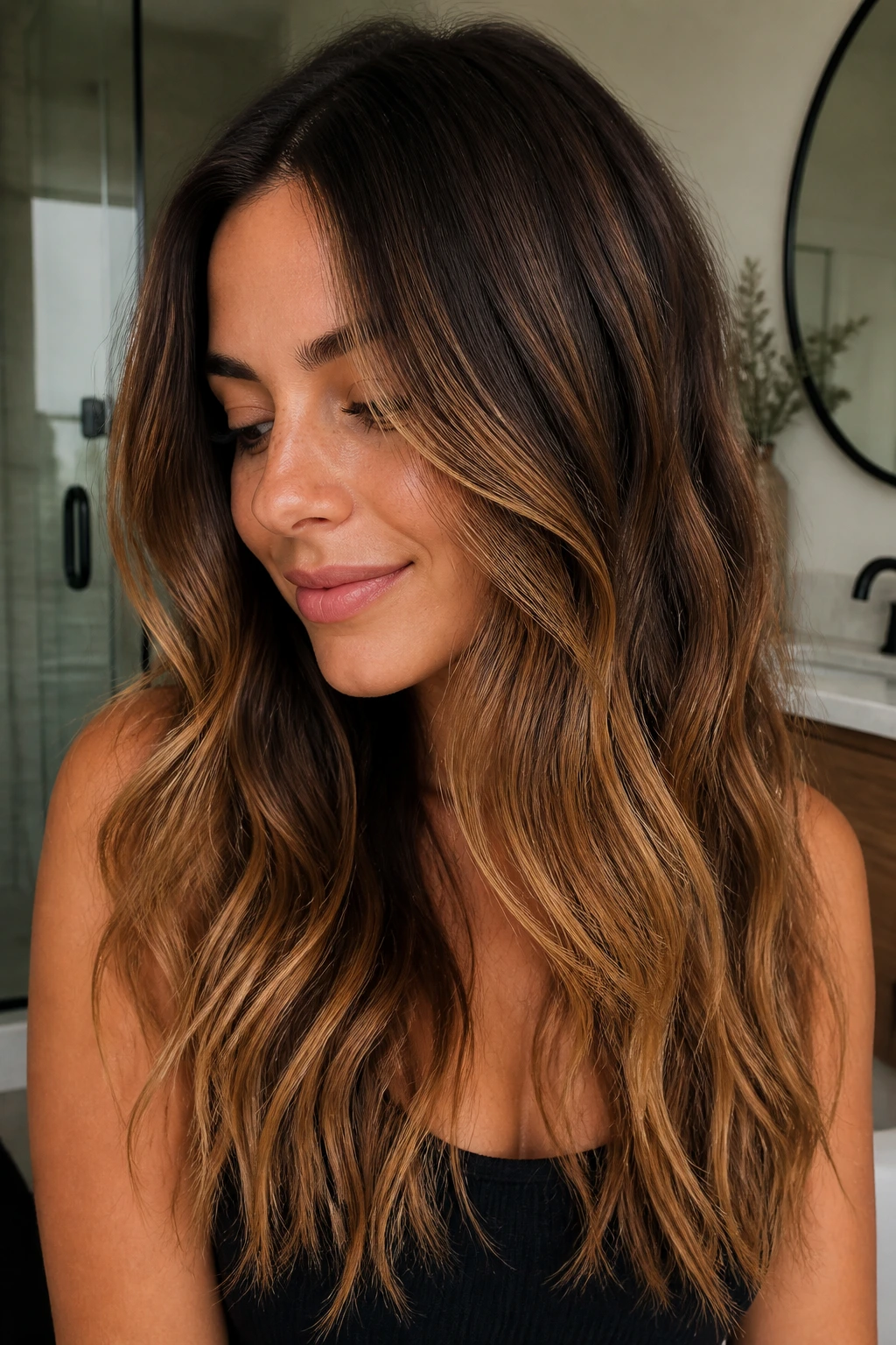 Close-up of a real woman with mocha roots blending into caramel ends.