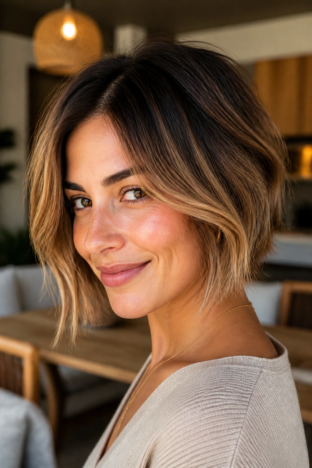 Real person with root-melt caramel highlights on a short haircut