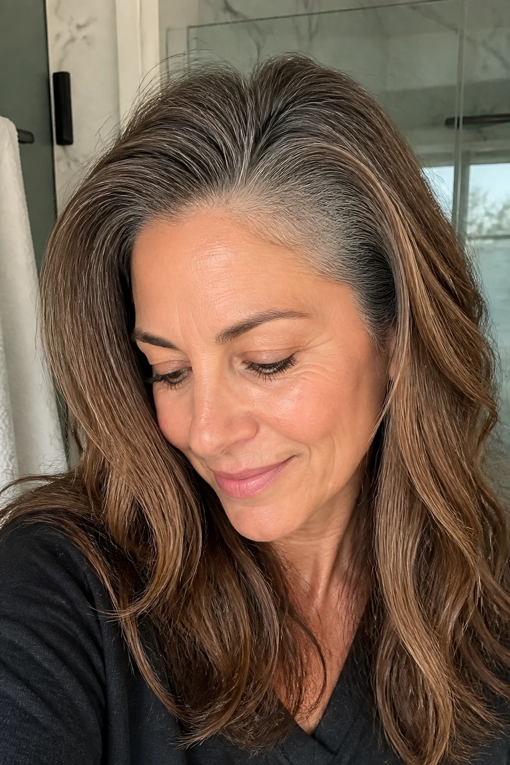 Close-up of a woman showing a soft root melt blending gray regrowth into brown