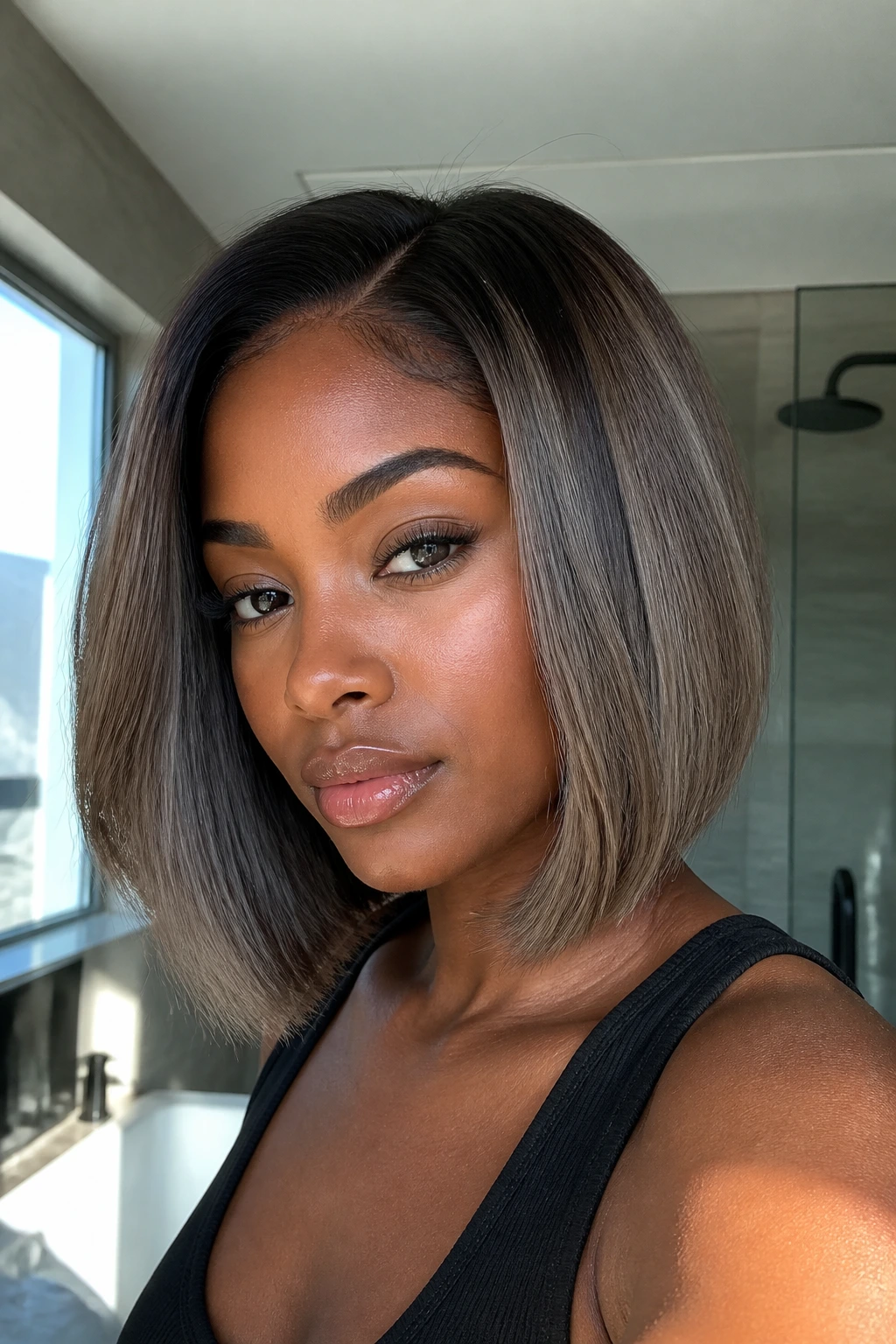 Real person displaying root-melt grey brown lob with dark roots