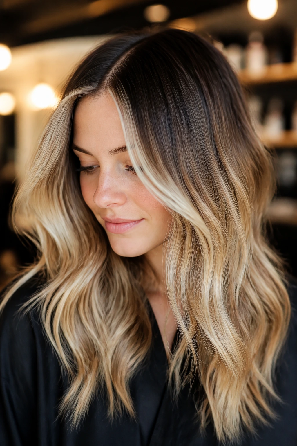 Close-up of a woman showing soft root melt and face-framing highlights