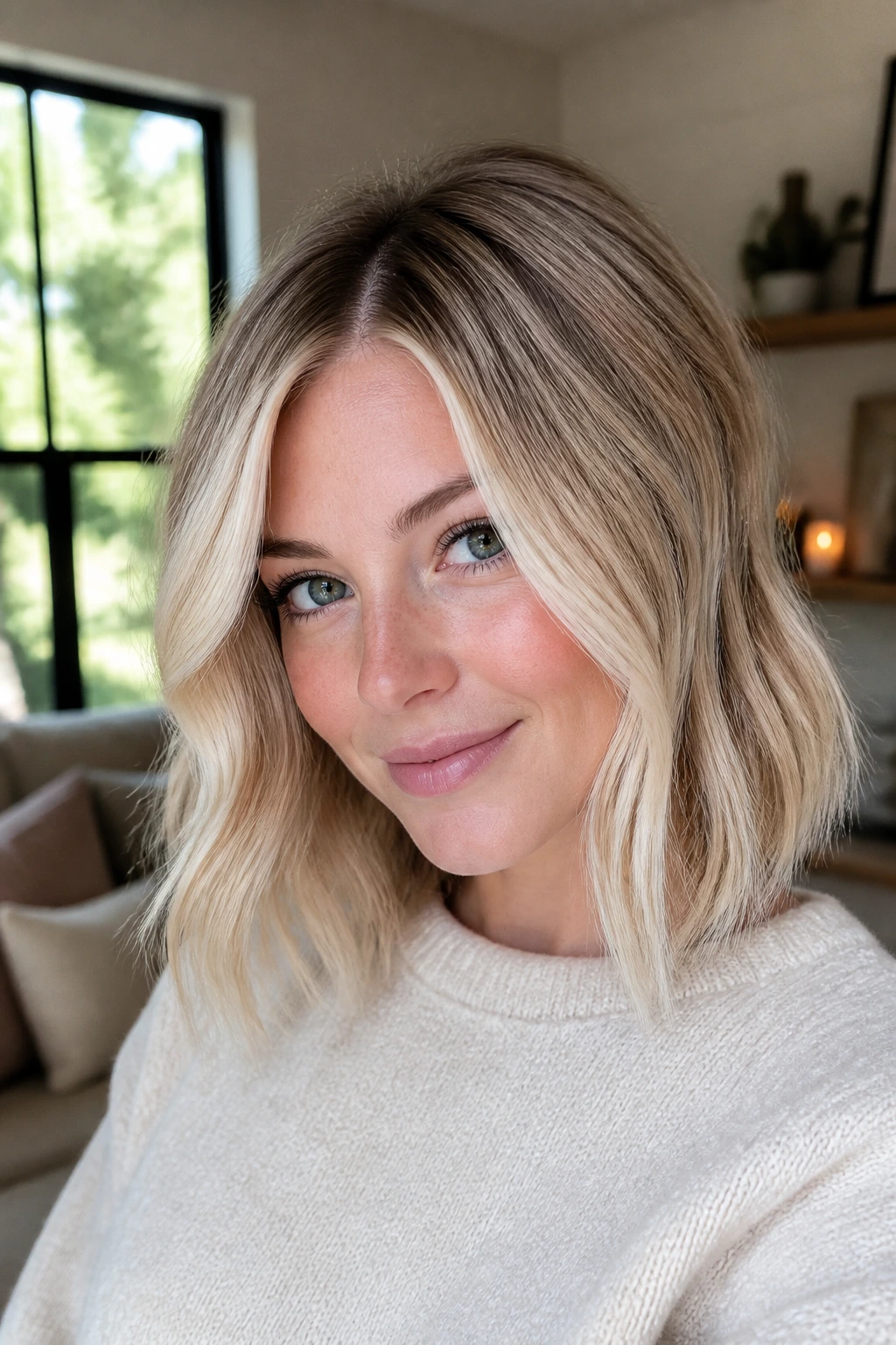 Portrait of a real person with shoulder-length blonde hair showing root melt and bright front pieces