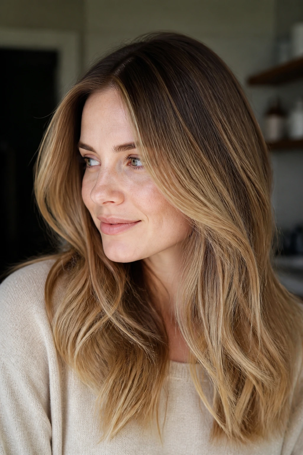 Portrait of a woman with a lived-in root melt and natural waves