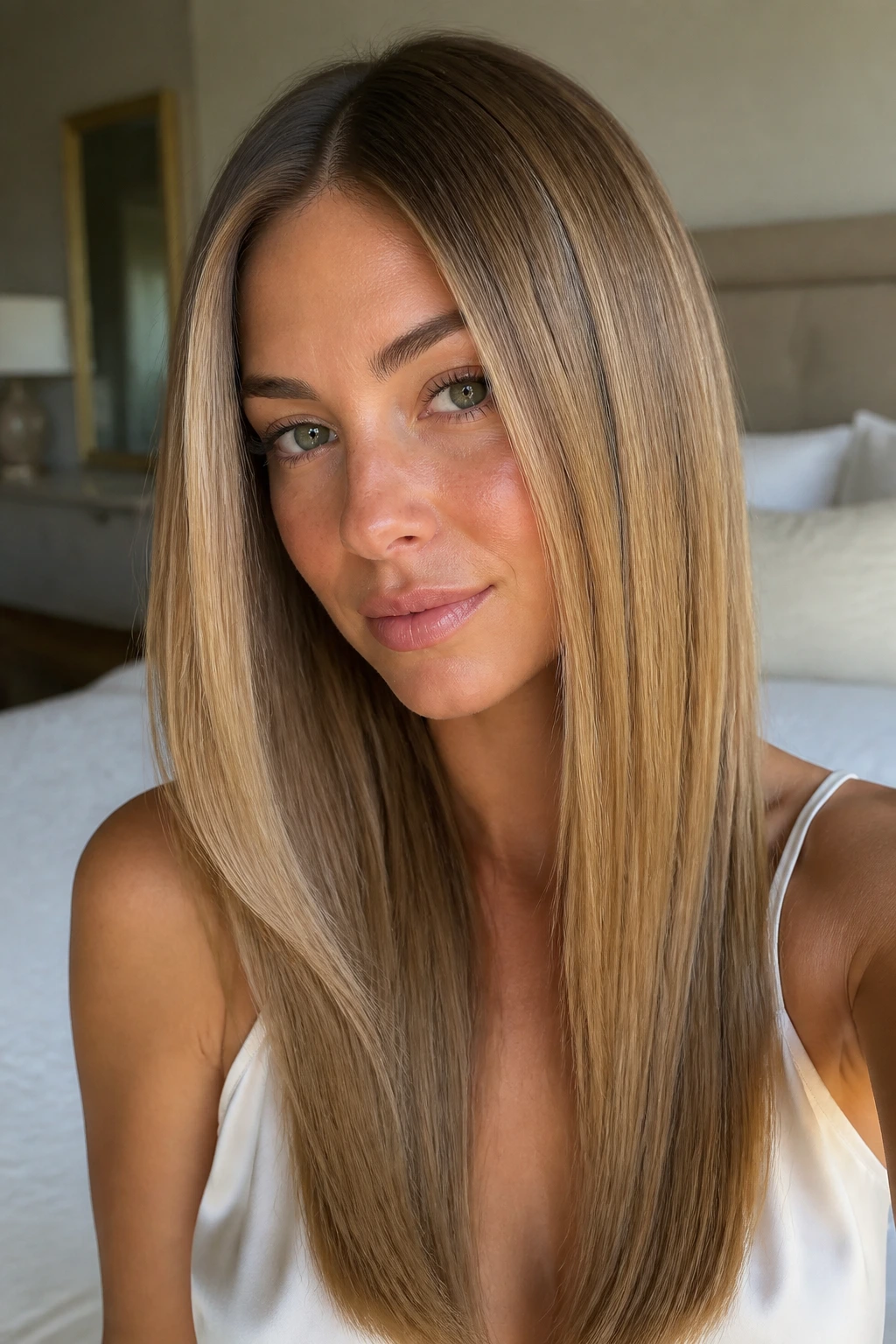 Close-up of a real woman with long honey-blonde hair featuring a subtle root melt