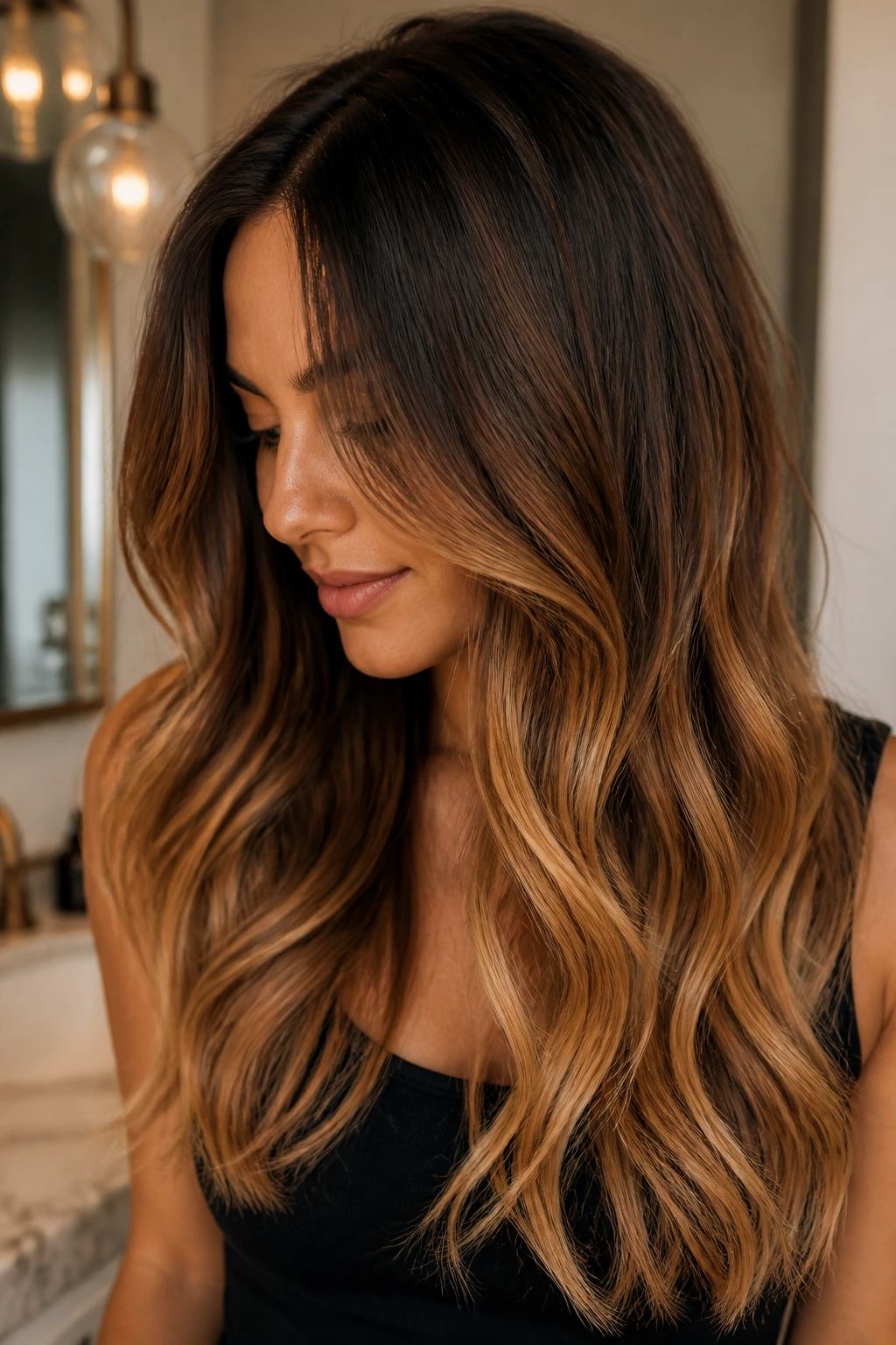 Brunette with chestnut root melt and honey ends shown in close-up portrait.