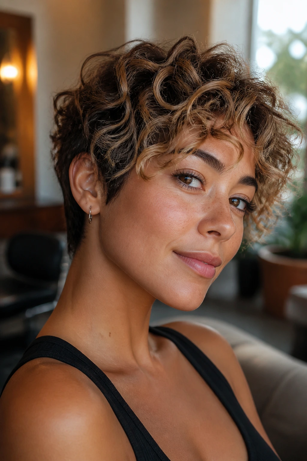 Close-up portrait of a real person with honeyed root-melt pixie showing gradient from dark roots to honey caramel.