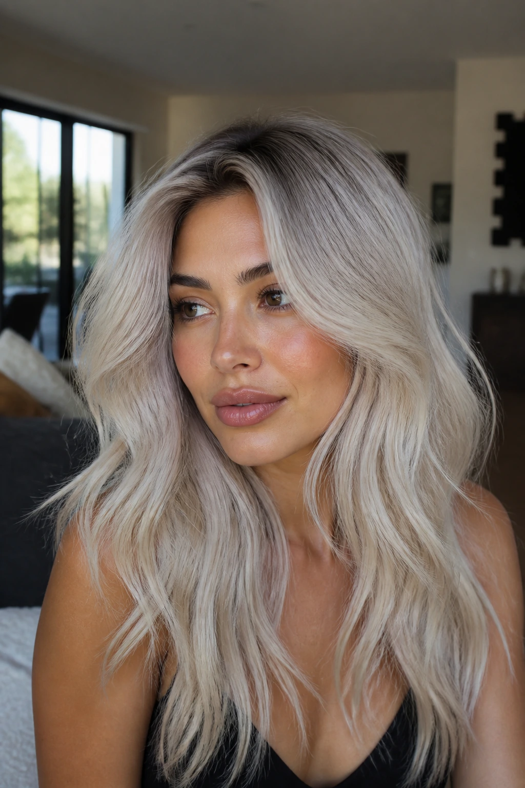 Close-up portrait of a real woman with a root-melt, tousled platinum blonde hairstyle on olive skin.