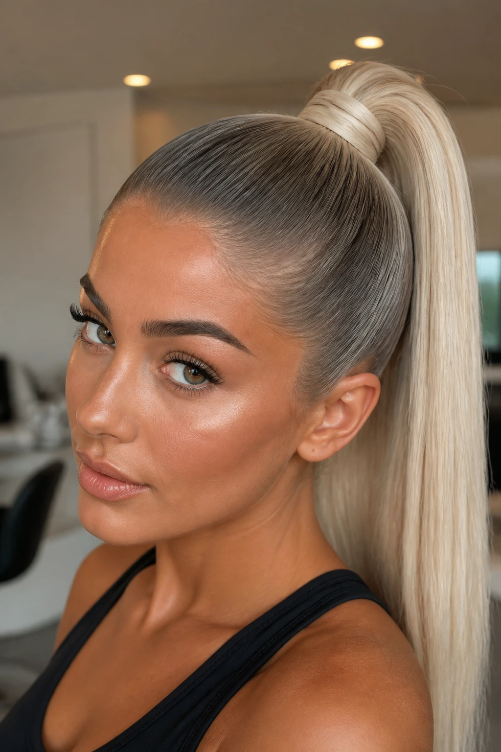 Portrait of a real woman in a sleek high ponytail with a root melt on tan skin
