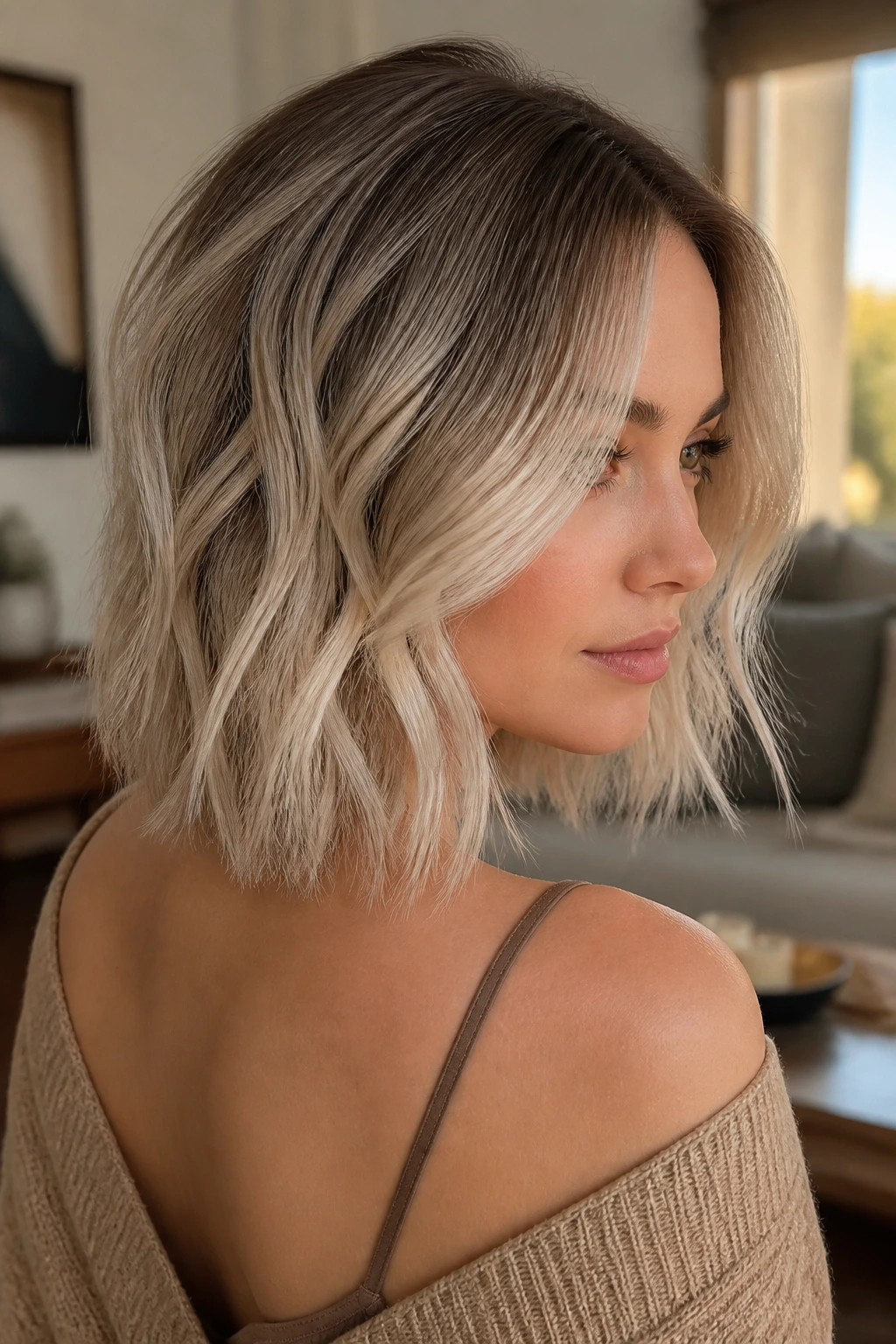 Close-up of a real person with a root-melted ash blonde lob