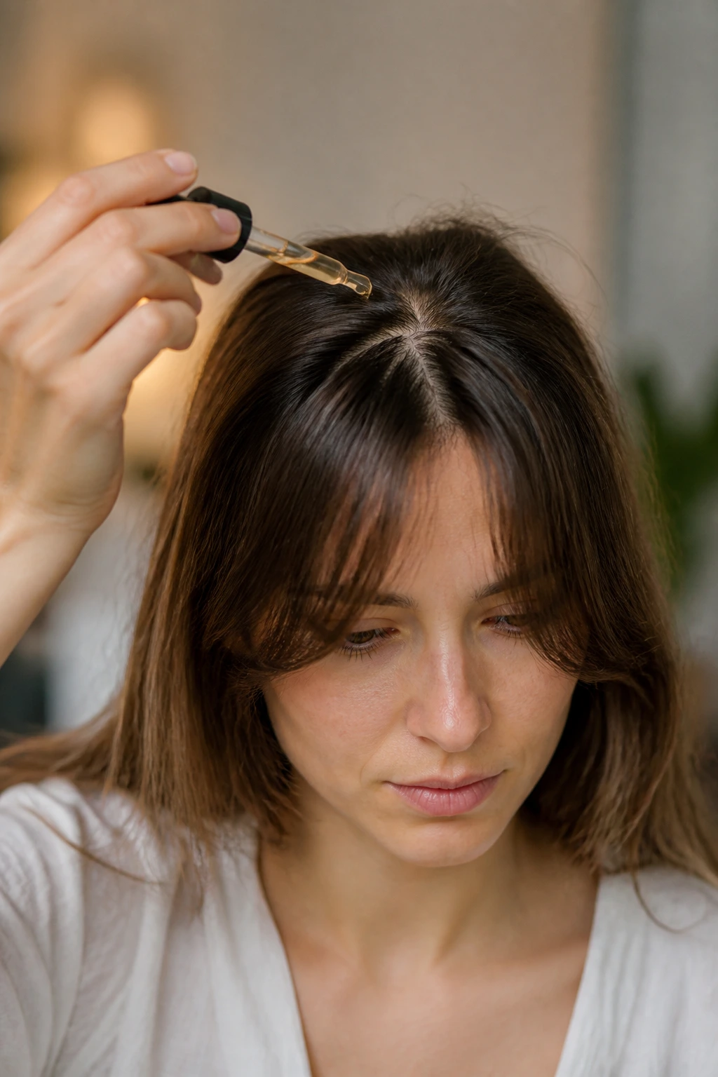 Close-up of a woman with weighed-down roots due to heavy product