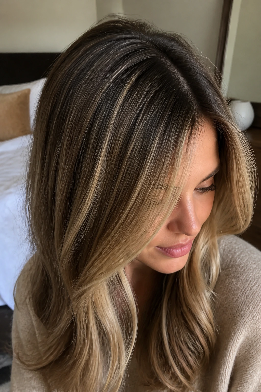 Close-up of a woman showing dark root shadow and subtle babylights at the crown