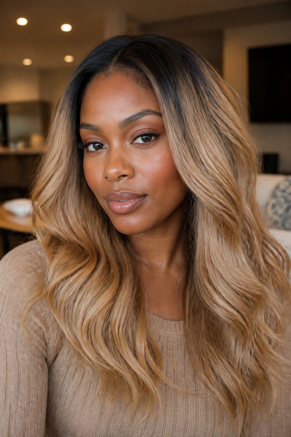Close-up of a real woman with dark roots blending into honey blonde
