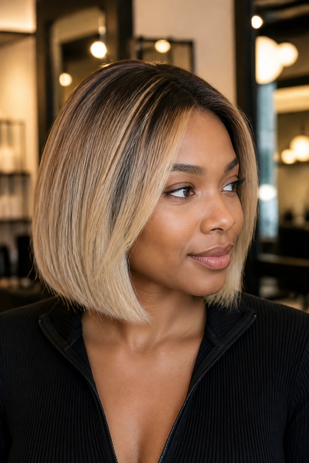 Real person with blonde bob and visible root shadow