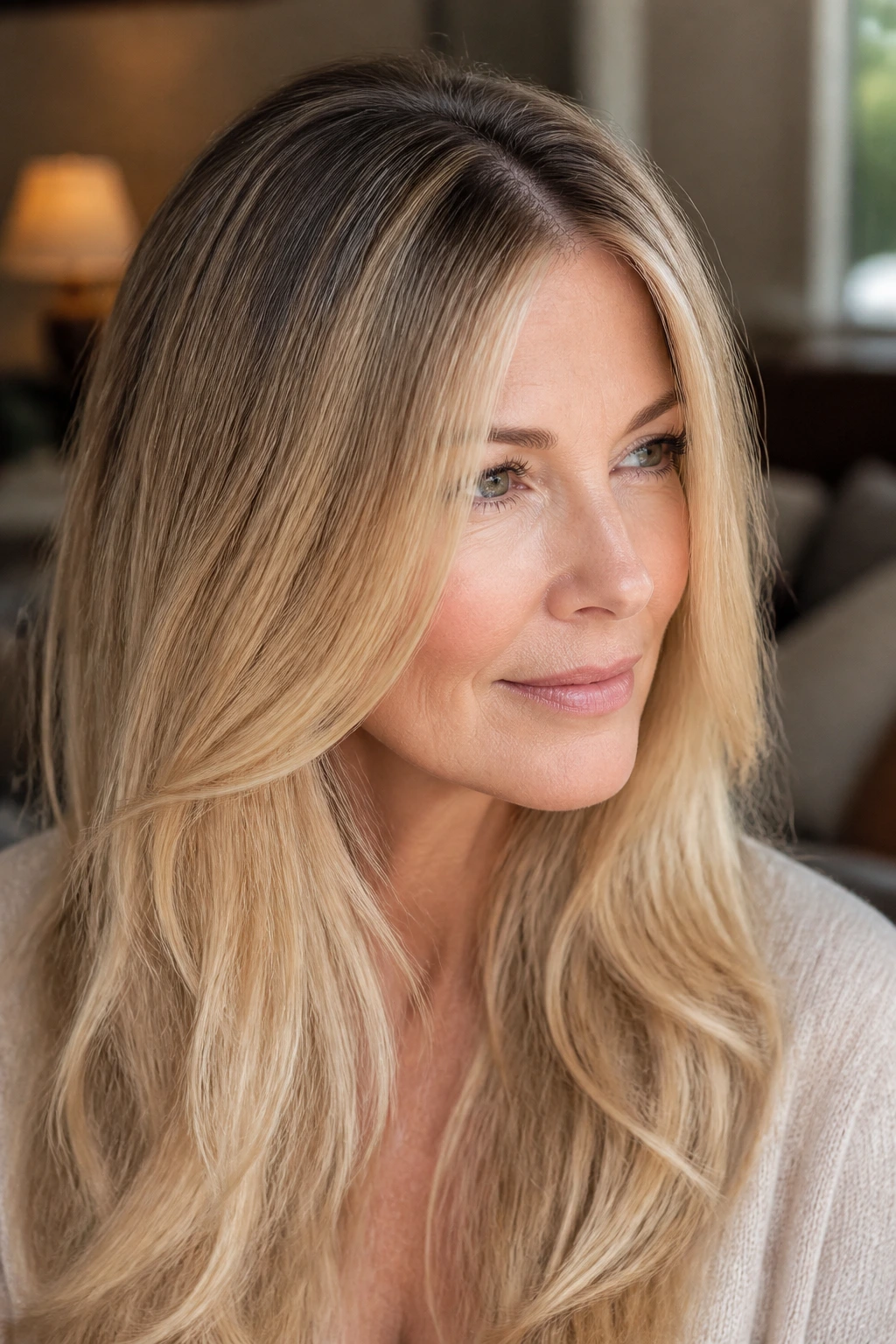 Portrait of a real woman with root-shadow blonde coloring at roots blending into mids.