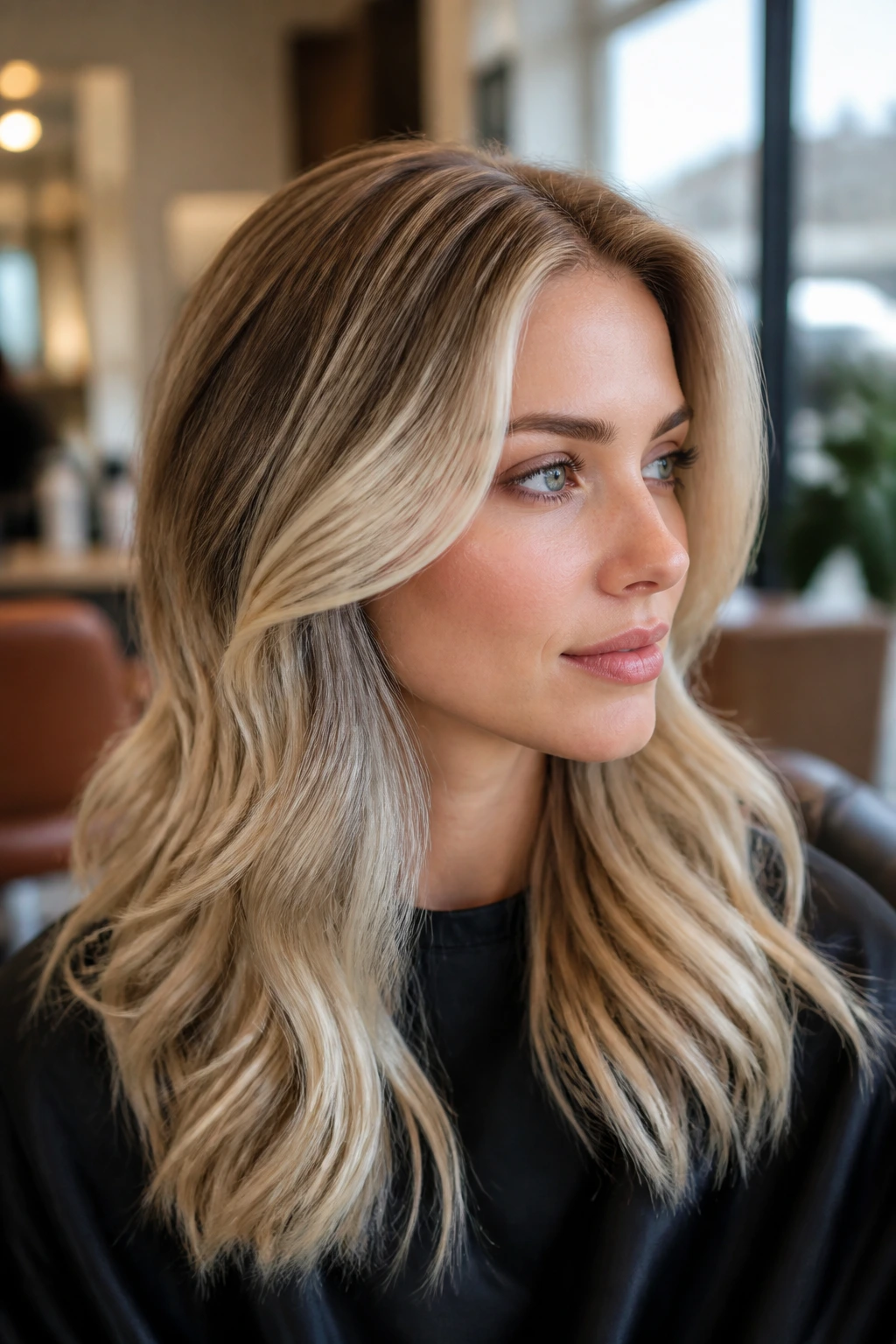 Medium close-up of a real woman with soft root shadow and bright blonde ends in a warm salon setting.