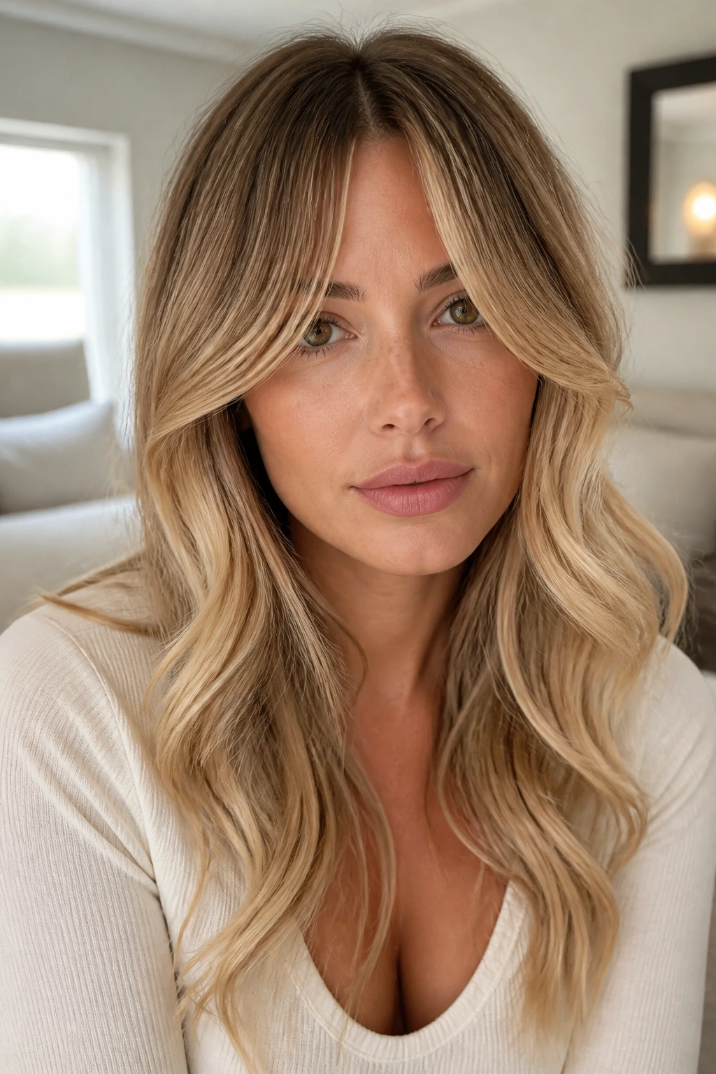 Portrait of a real woman with root-shadow blonde and soft bends framing her face