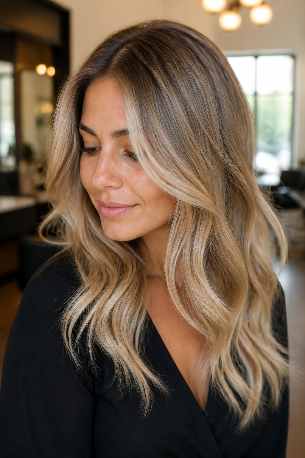 Close-up portrait showing root shadow blonde with warm vanilla tones