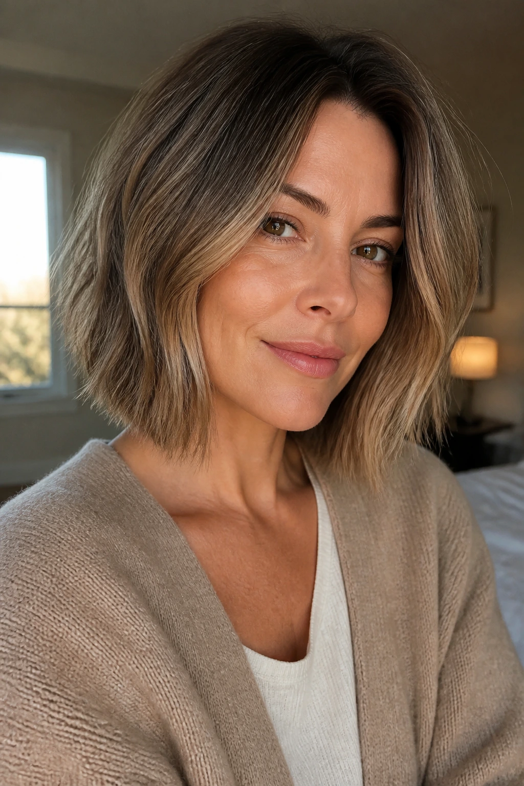 Close-up of a grown-out bob with soft root shadow and blended lowlights on a real person