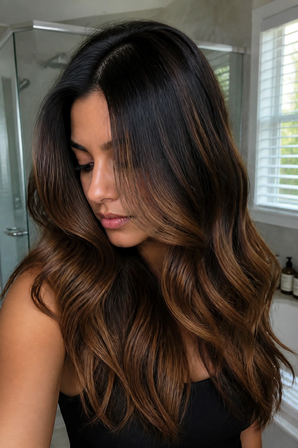 Close-up of root-shadow caramel on thick dark hair