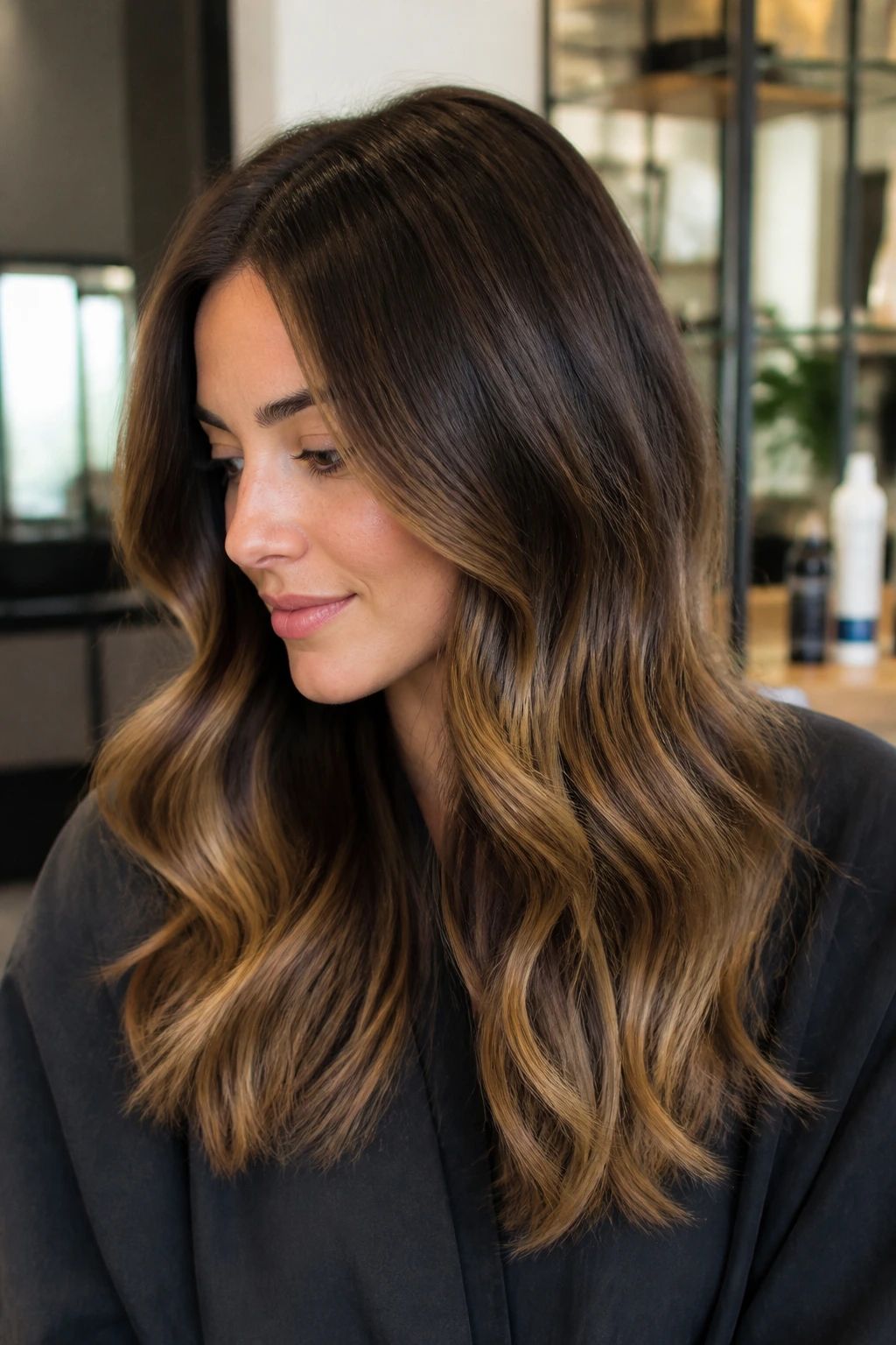 Close-up of brunette with soft root shadow fading to caramel ends