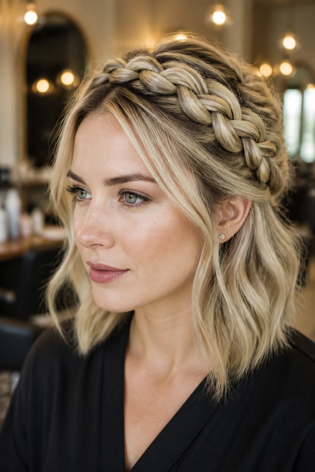 Close-up of a real woman with a root-shadow Dutch braid crown on pearl blonde hair