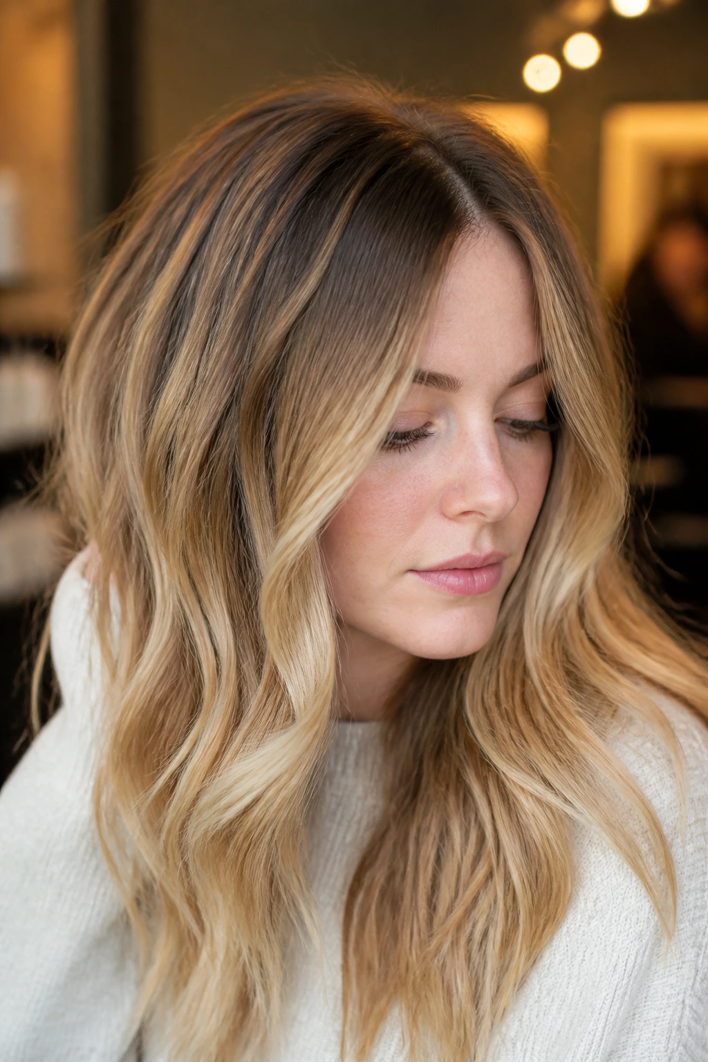Portrait of a real person with soft root shadow and honey melt in hair