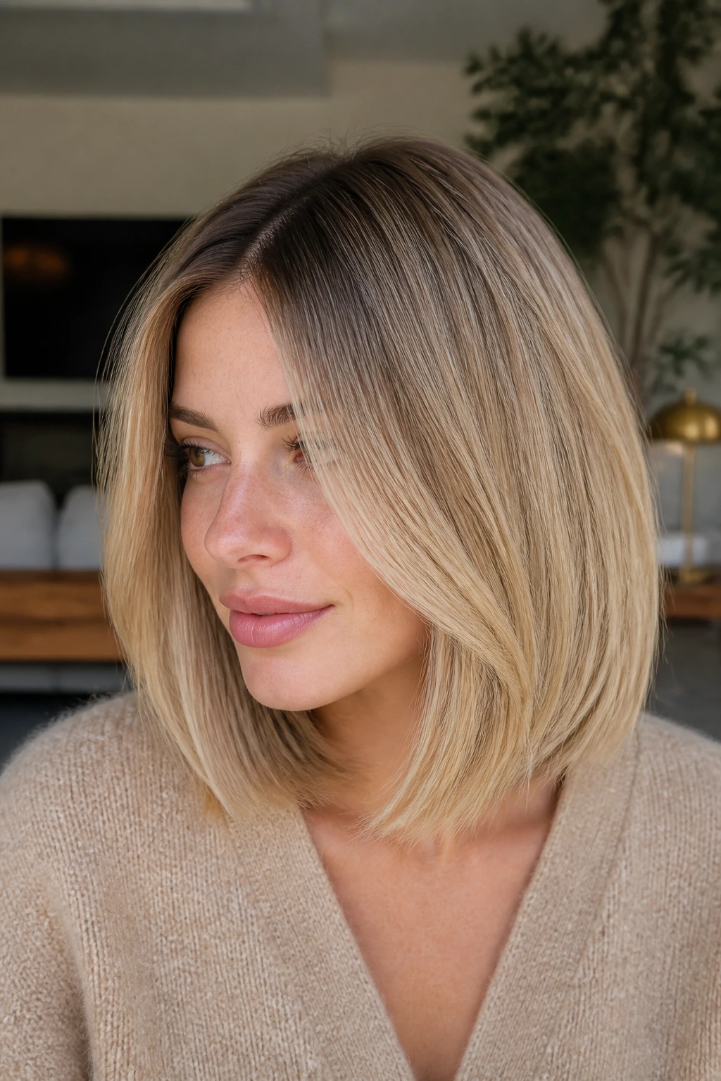 Real woman with root-shadow blonde lob and subtle invisible layers in a living room
