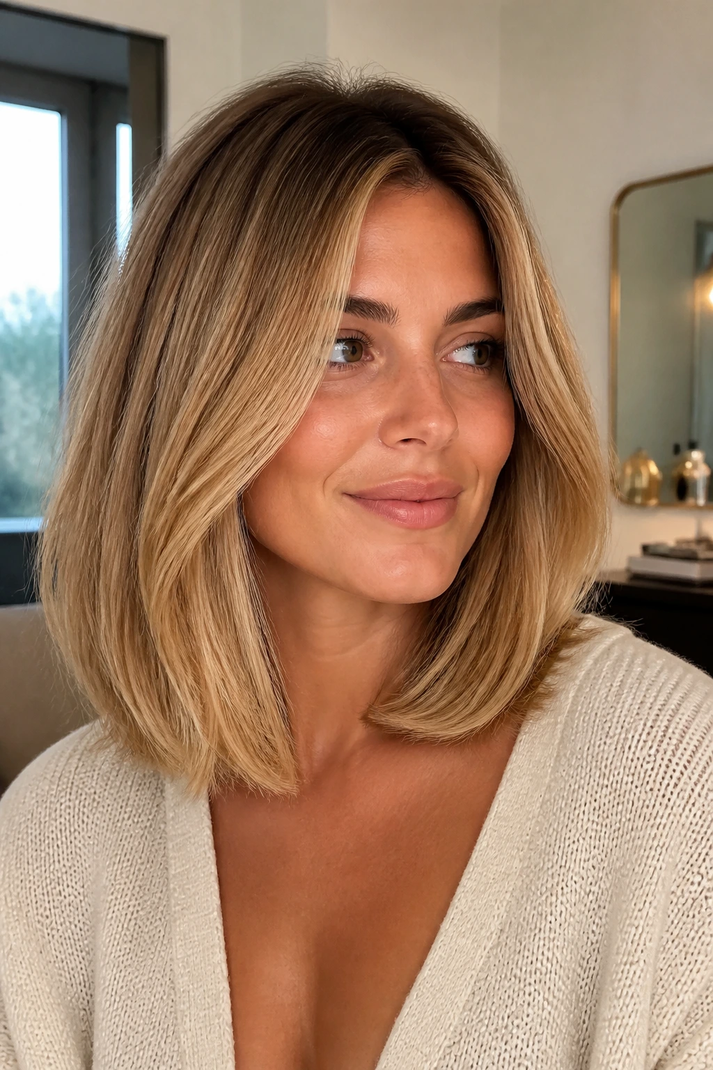 Close-up portrait of a real woman with collarbone blowout lob and root shadow