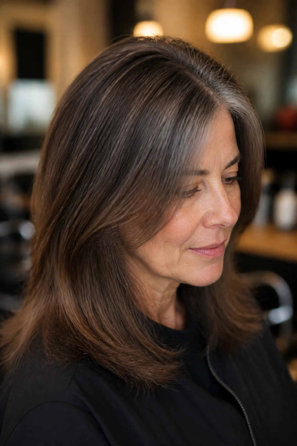 Close-up of a real person showing staged deep brown roots and mid-lengths for a gradual darken-down