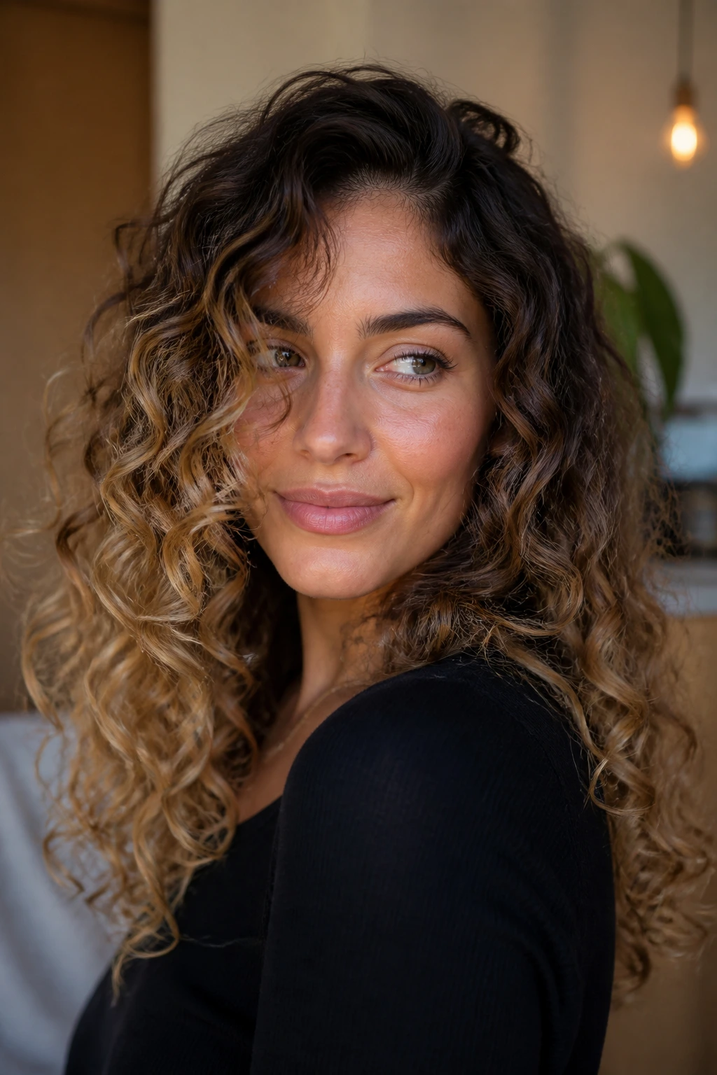Real person with root-shadow ombré on curly hair, darker roots fading to blonde ends