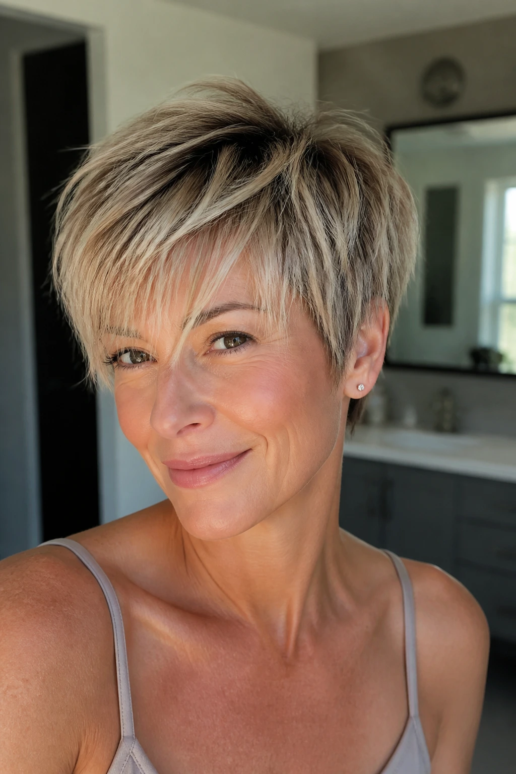 Portrait of a real person with a root-shadow pixie showing darker roots and textured ends